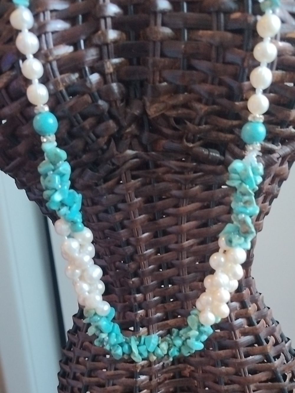 Turquoise and White Pearl Necklace with Matching Earrings